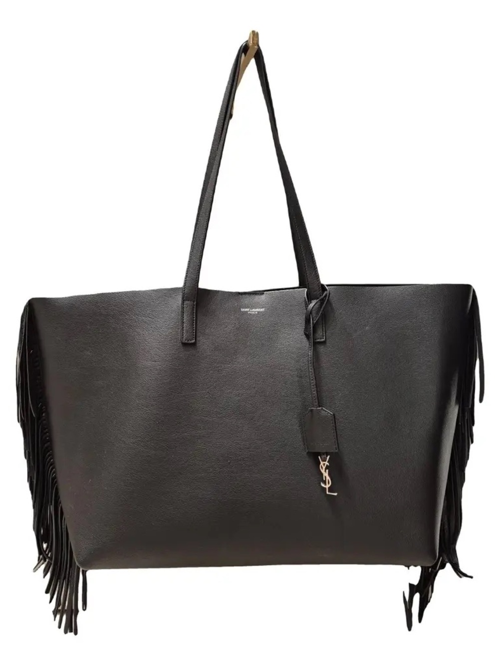 Saint Laurent Black Leather Fringe Tote with Gold YSL Charm